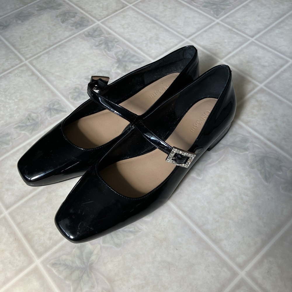 On 34th Saadet Rhinestone Buckle Mary Jane Flat Size US 8M Black Faux Patent